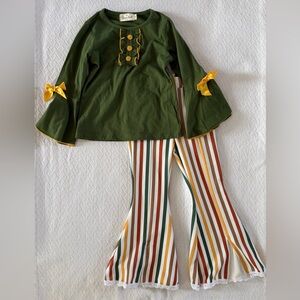 Maria Nicole Green Bell Sleeve Top with Green Yellow and Orange Flare Leg Pants